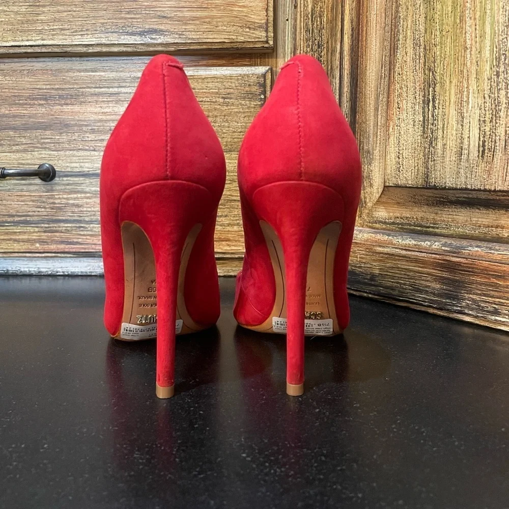 Schutz Scarlet Red Suede Pumps High Heels 4 1/2 inch heel - Picture 5 of 9